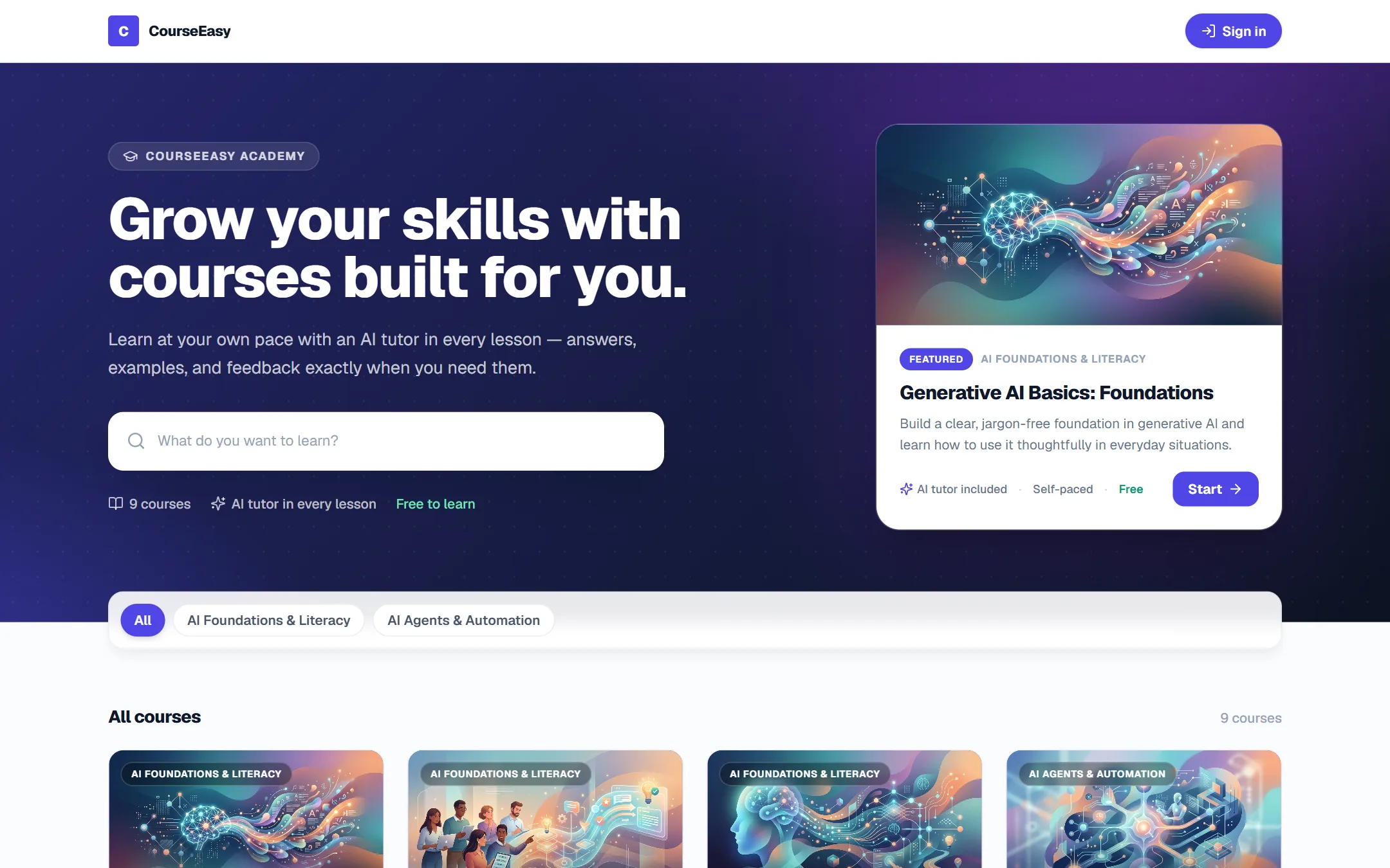 The CourseEasy academy at learn.courseeasy.com: branded hero with search, a featured course card, category filters, and a course grid