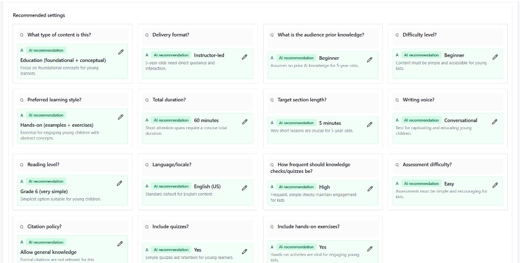 CourseEasy AI recommended settings for course creation