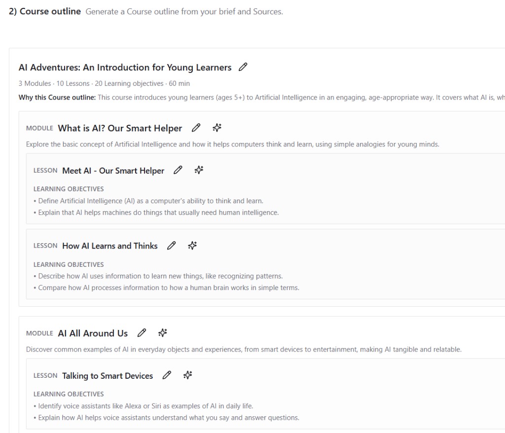 Generated course outline with modules and lessons