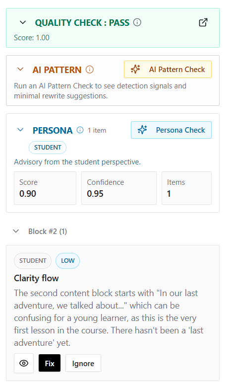 Quality check with critic, validation, and persona review